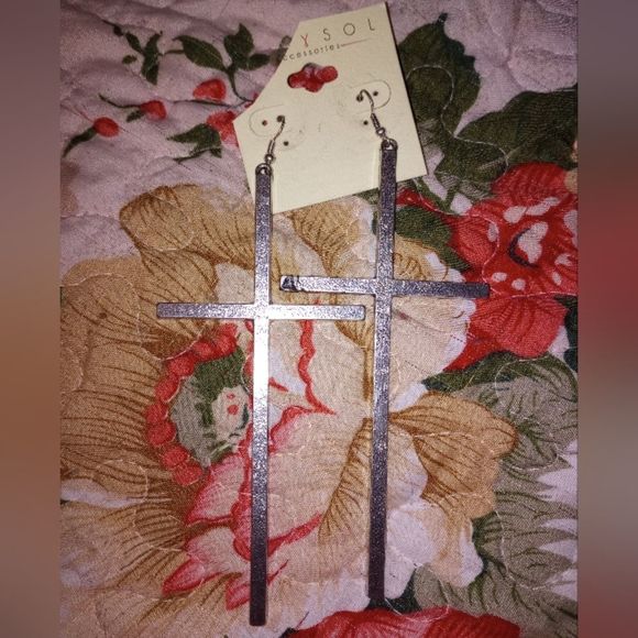 Jewelry - Marysol Large Silver Cross Earrings 4.75 in NWT